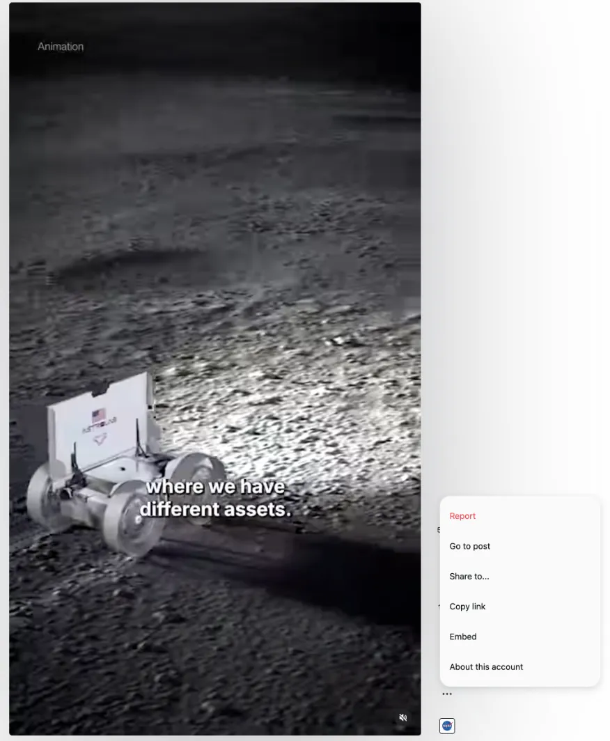 A NASA Reel on instagram.com with words printed on the video and the More options menu open, showing Copy link