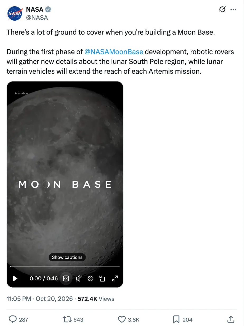 A NASA video post on X with the player's CC button highlighted by a Show captions tooltip