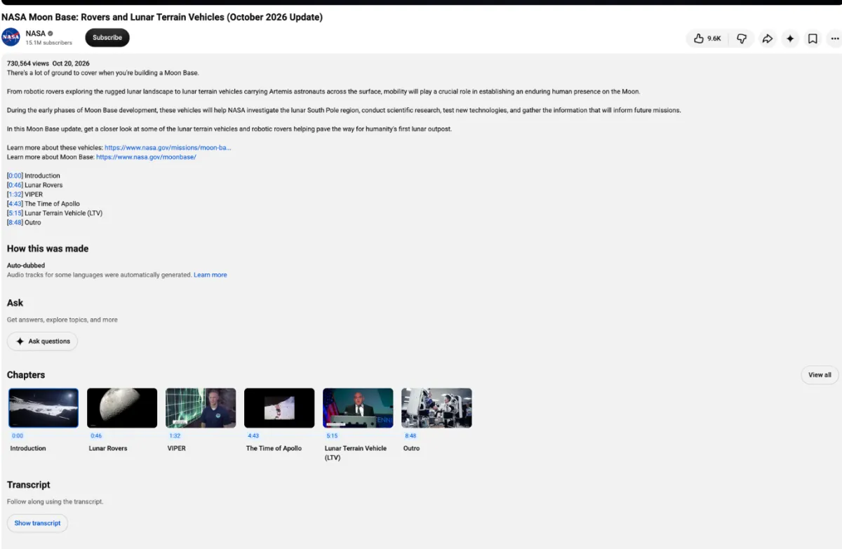 A YouTube watch page with the description expanded; the Transcript section and its Show transcript button are at the bottom