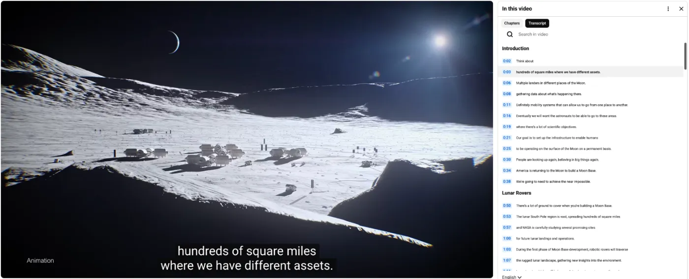 A NASA video playing on YouTube with the transcript panel open on the right, each line starting with a timestamp